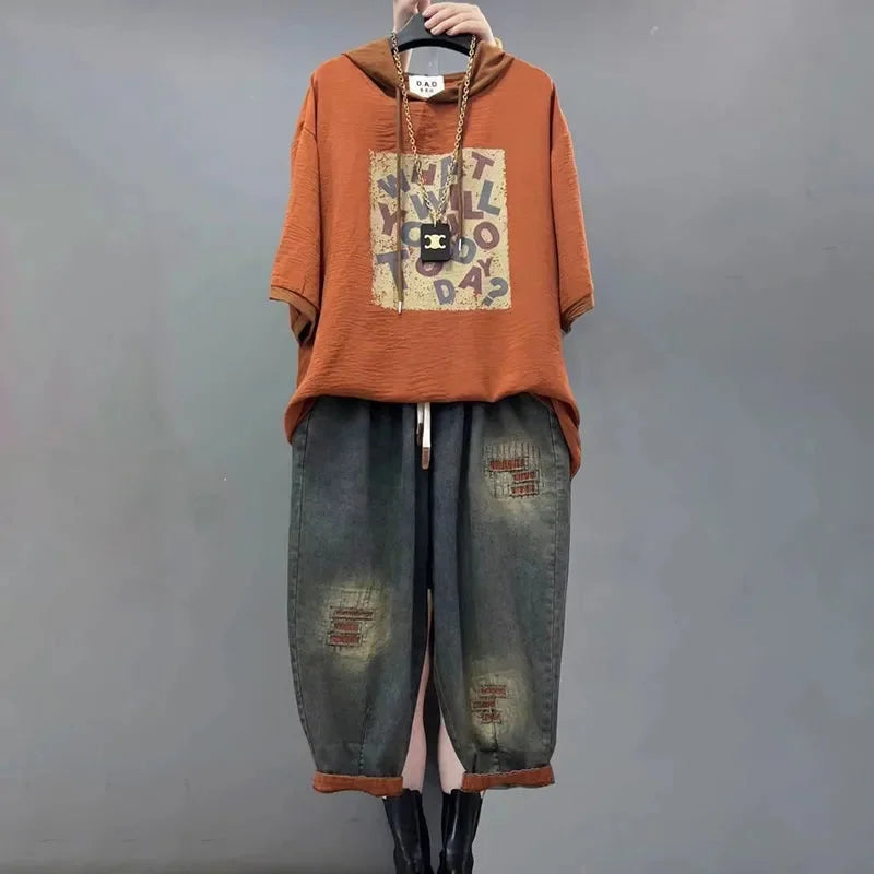 Vintage Patchwork Denim Hoodie Set