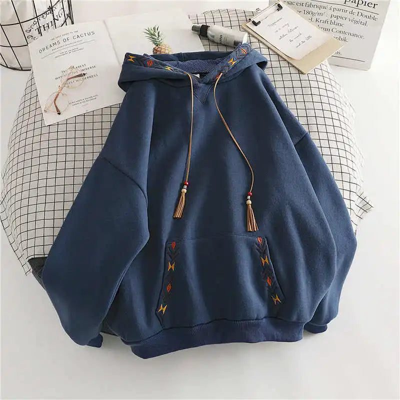 Embroidered Tassel Pocket Hoodie