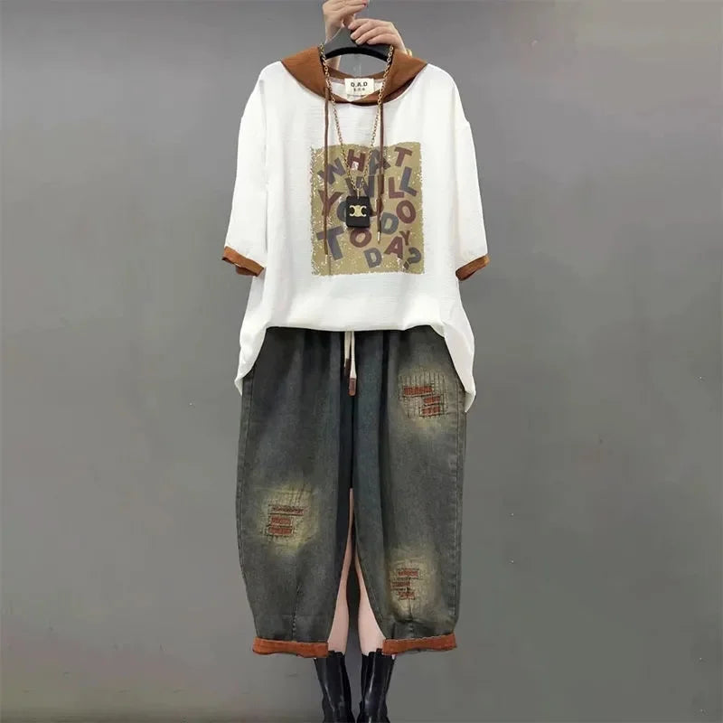 Vintage Patchwork Denim Hoodie Set