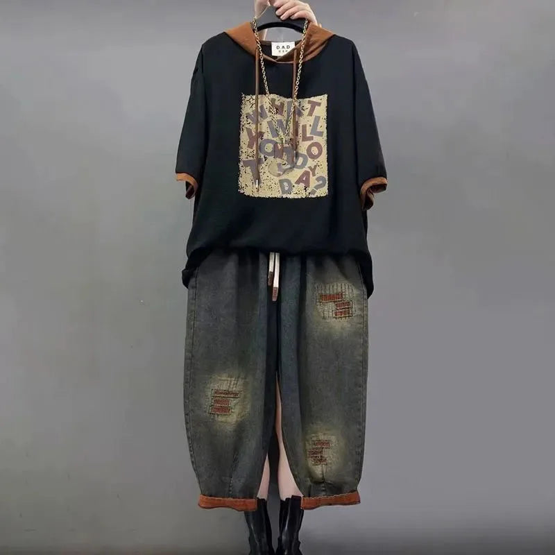 Vintage Patchwork Denim Hoodie Set