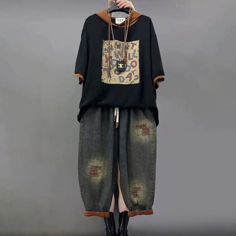 Vintage Patchwork Denim Hoodie Set